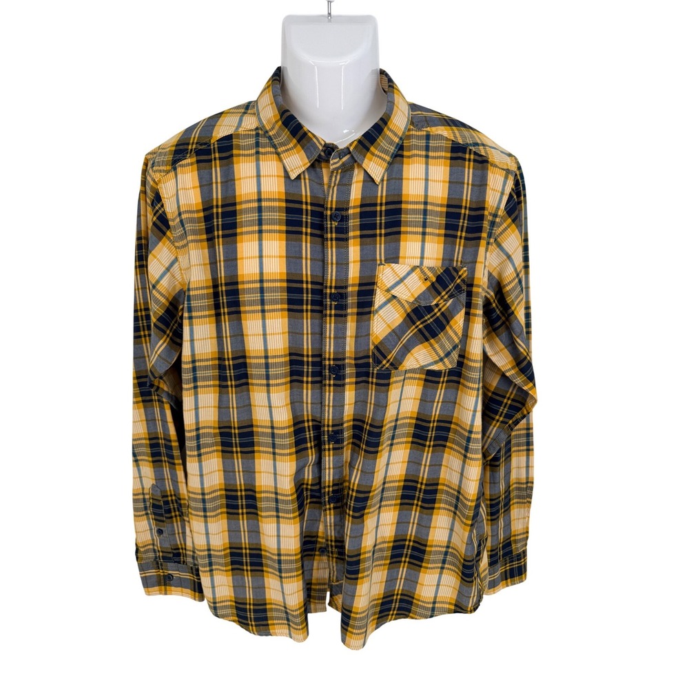 Mountain Hardwear Plaid Button Down Mens LG Yellow Navy Blue Long‎ Sleeve Shirt